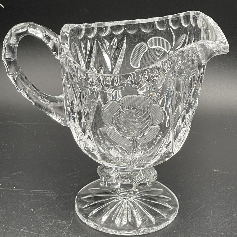 Vintage Imperial Glass Open Rose Clear Footed Creamer 5.25" Intaglio Floral